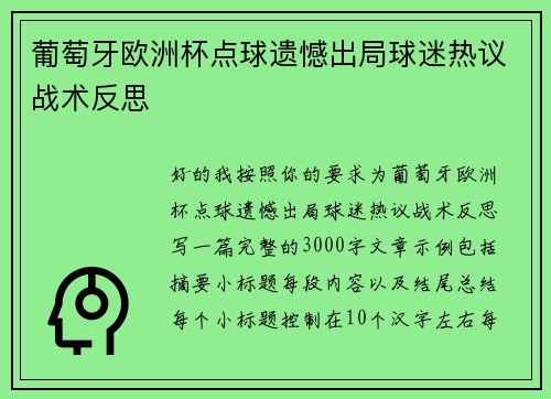 葡萄牙欧洲杯点球遗憾出局球迷热议战术反思
