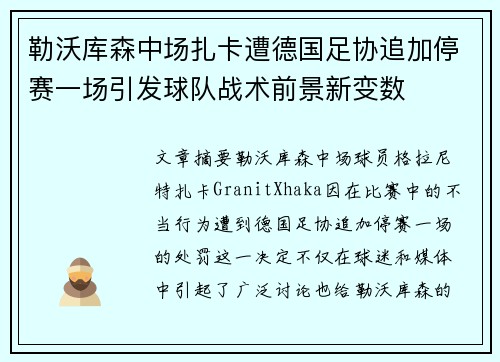 勒沃库森中场扎卡遭德国足协追加停赛一场引发球队战术前景新变数